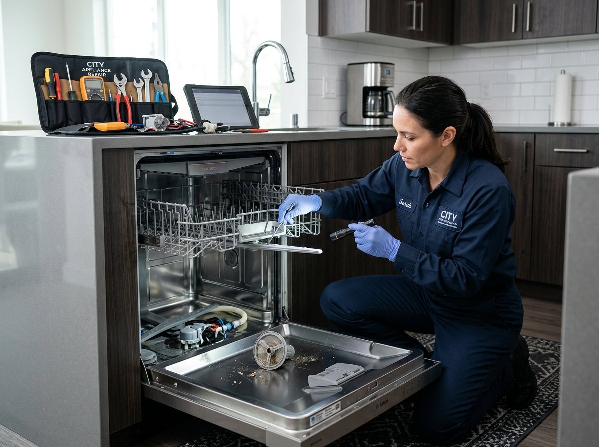 Appliance specialist inspecting wash motor and filter assembly on built-in dishwasher