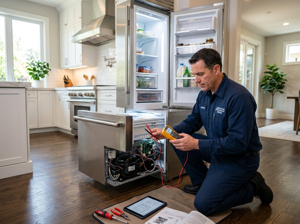 Certified appliance technician troubleshooting sealed refrigeration system and compressor in Santa Clara