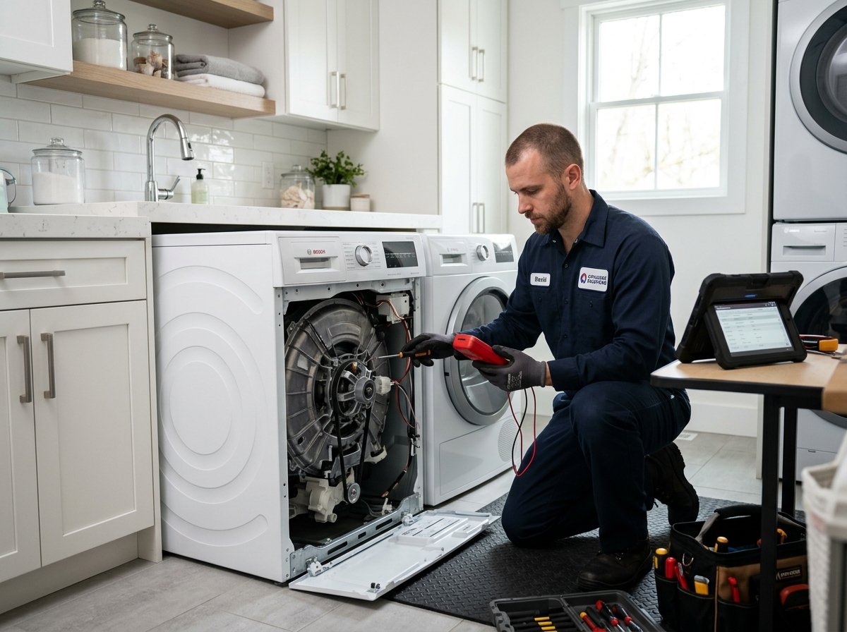 Technician testing direct drive motor and water pump on front load washing machine